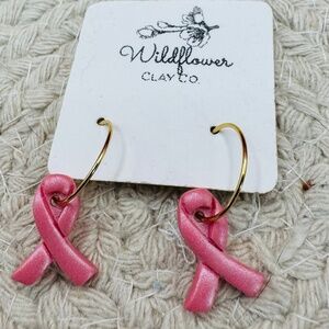Clay Pink Ribbon Hoop Earrings